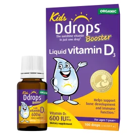 Ddrops Kids Booster 600IU 100 Drops - Daily Liquid Vitamin D for Kids. Support Strong Bones & Immune System in Children. No Preservatives, No Sugar, Non-GMO, Allergy-Friendly