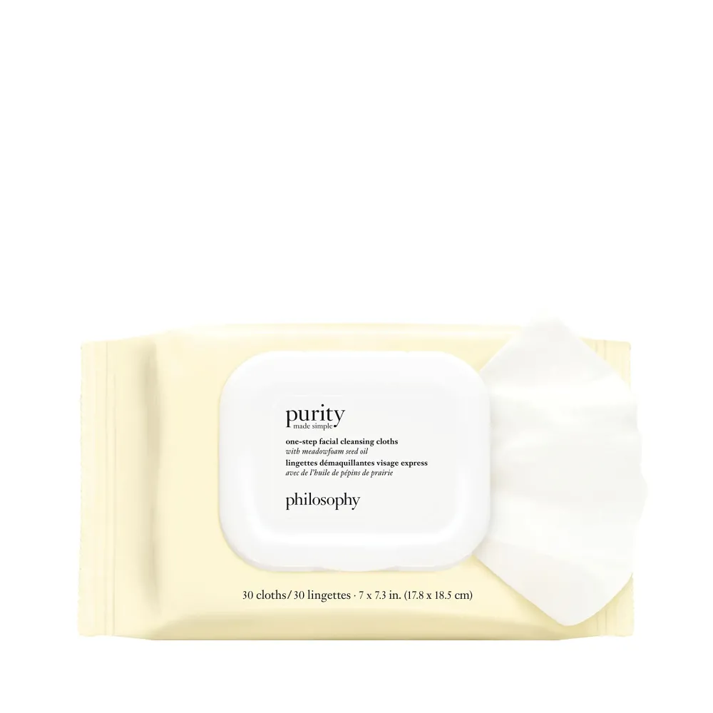 philosophy purity made simple one-step facial cleansing cloths - easily removes makeup, dirt & oil on the go - skin is left clean and comfortable with no rinsing needed - 30 ct. philosophy purity made simple one-step facial cleansing cloths - easily removes makeup, dirt & oil on the go - skin is left clean and comfortable with no rinsing needed - 30 ct.