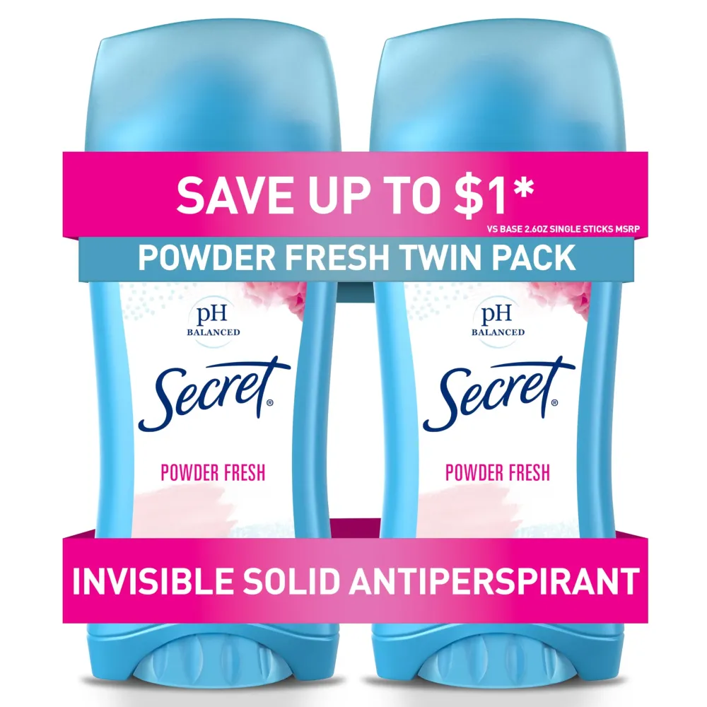 Secret Antiperspirant and Deodorant for Women, 24hr Sweat & Odor Protection, PH Balanced Protection, Gentle on Skin, Invisible Solid, Powder Fresh Scent, 2.6 oz (Pack of 2) Secret Antiperspirant and Deodorant for Women, 24hr Sweat & Odor Protection, PH Balanced Protection, Gentle on Skin, Invisible Solid, Powder Fresh Scent, 2.6 oz (Pack of 2)
