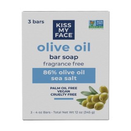 Kiss My Face Olive Oil Fragrance Free Bar Soap, Moisturizing Bar Soap, Cruelty Free Vegan Soap, Palm Oil Free, 4 Oz - 3 Count (Pack of 1) Kiss My Face Olive Oil Fragrance Free Bar Soap, Moisturizing Bar Soap, Cruelty Free Vegan Soap, Palm Oil Free, 4 Oz - 3 Count (Pack of 1)