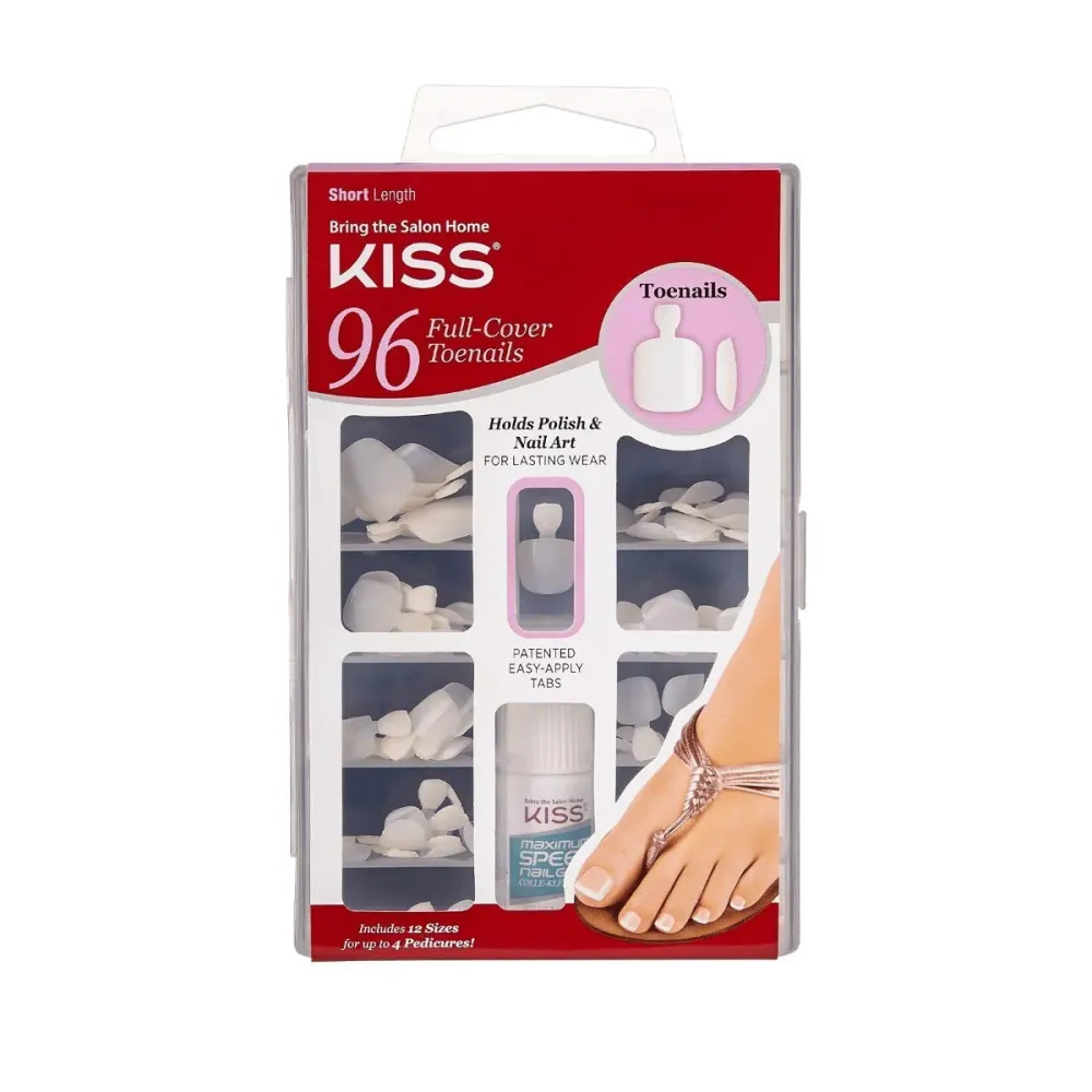 KISS 96 Full Cover Toenails Kit, Long Lasting Fake Nails, DIY Home Manicure Set with Pink Gel Nail Glue 3 g / 0.11 oz. and 96 Fake Toenails in 12 Sizes for up to 4 pedicures KISS 96 Full Cover Toenails Kit, Long Lasting Fake Nails, DIY Home Manicure Set with Pink Gel Nail Glue 3 g / 0.11 oz. and 96 Fake Toenails in 12 Sizes for up to 4 pedicures