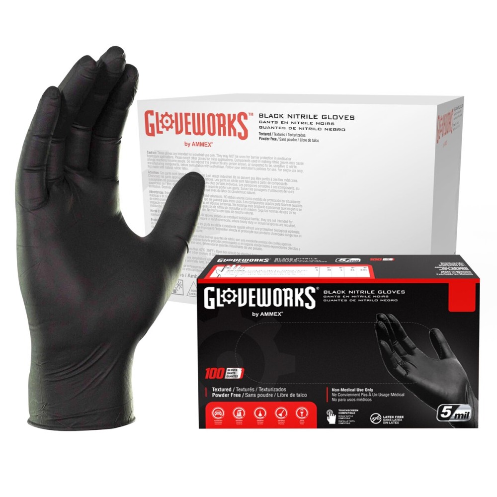 GLOVEWORKS Black Disposable Nitrile Industrial Gloves, 5 Mil, Latex & Powder-Free, Food-Safe, Textured, X-Large, Case of 1000 GLOVEWORKS Black Disposable Nitrile Industrial Gloves, 5 Mil, Latex & Powder-Free, Food-Safe, Textured, X-Large, Case of 1000
