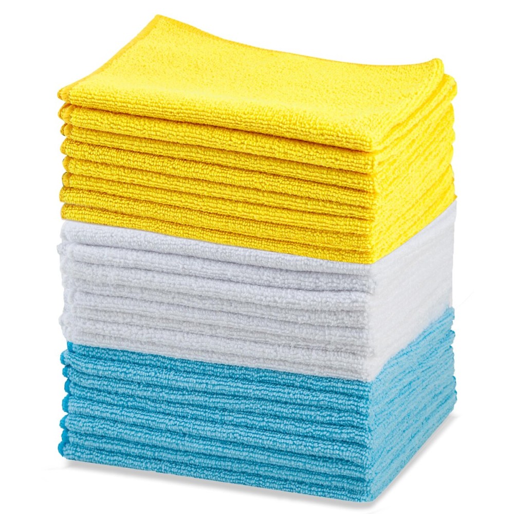 Amazon Basics Microfiber Cleaning Cloths, Ultra Absorbent, Lint Free, Streak Free, Non-Abrasive, Reusable and Washable, 16 x 12, Blue/White/Yellow, Pack of 24 Amazon Basics Microfiber Cleaning Cloths, Ultra Absorbent, Lint Free, Streak Free, Non-Abrasive, Reusable and Washable, 16 x 12, Blue/White/Yellow, Pack of 24