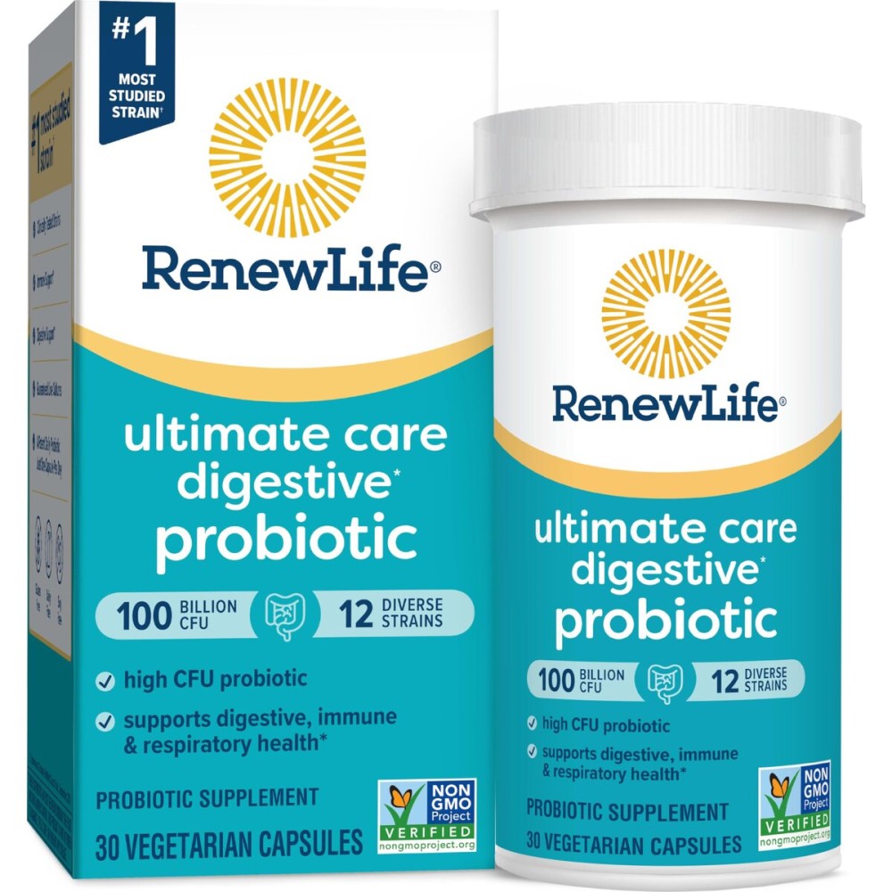 Renew Life Ultimate Care Probiotic Capsules, Daily Supplement Supports Respiratory, Digestive and Immune Health, L. Rhamnosus GG, Dairy, Soy and gluten-free, 100 Billion CFU, 30 Count Renew Life Ultimate Care Probiotic Capsules, Daily Supplement Supports Respiratory, Digestive and Immune Health, L. Rhamnosus GG, Dairy, Soy and gluten-free, 100 Billion CFU, 30 Count