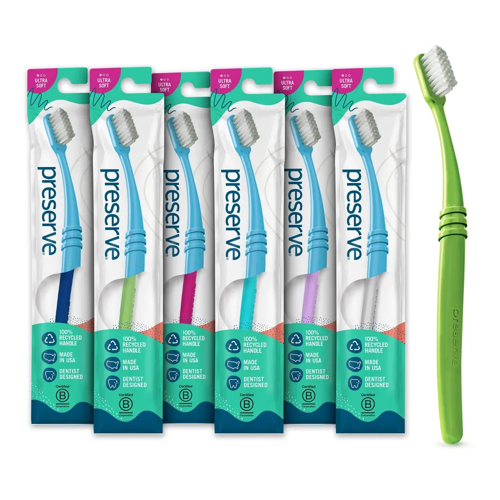 Preserve Eco Friendly Adult Toothbrushes, Made in The USA from Recycled Plastic, Lightweight Package, Ultra Soft Bristles, Colors Vary, 6 Pack Preserve Eco Friendly Adult Toothbrushes, Made in The USA from Recycled Plastic, Lightweight Package, Ultra Soft Bristles, Colors Vary, 6 Pack
