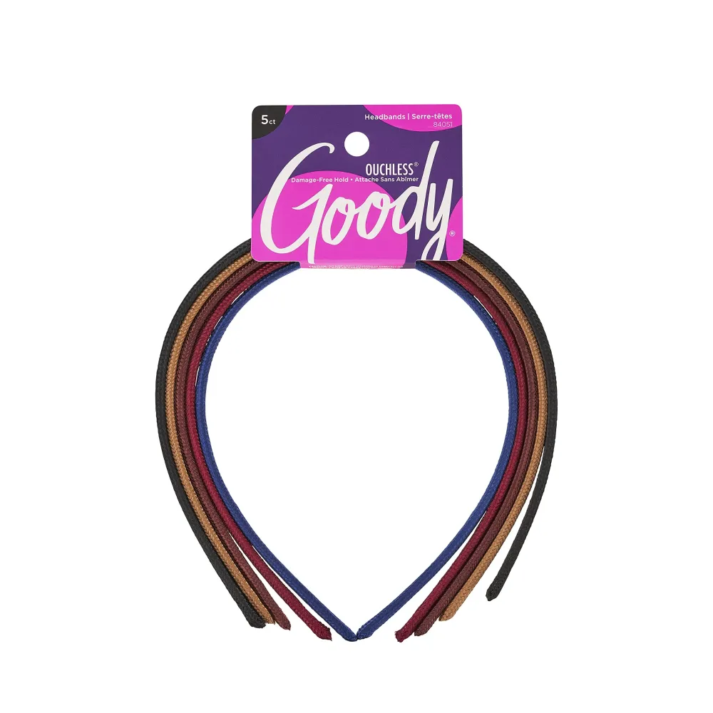 Goody Ouchless Shoestring Headbands, 5 Ct, Assorted Colors, Stylish & Lightweight Thin, Damage-Free Fabric Headbands for Women & Men, All-Day Comfort, For All Occasions, All Hair Types