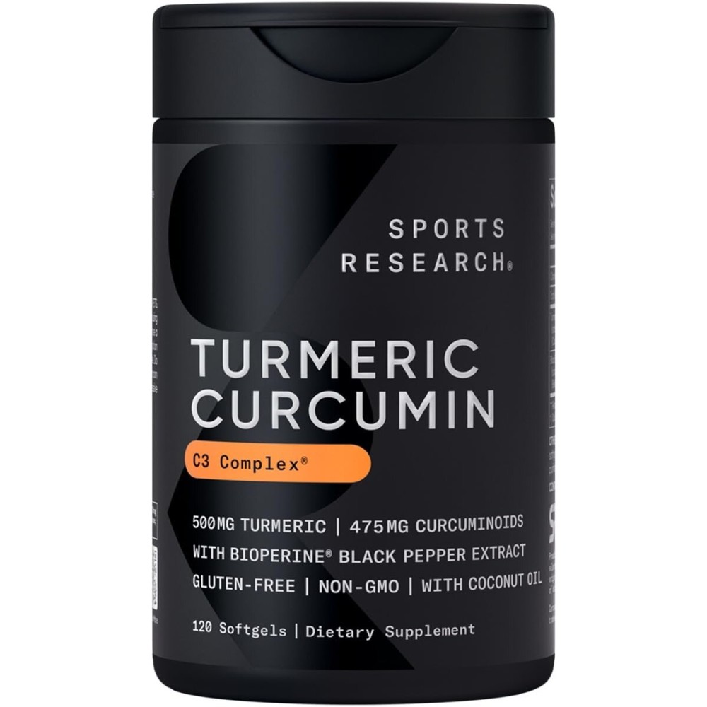 Sports Research Turmeric Curcumin C3 Complex - Softgels with Bioperine Black Pepper Extract & Organic Coconut Oil, Standardized 95% Curcuminoids - Non-GMO Verified & Gluten Free - 500mg, 120 Count Sports Research Turmeric Curcumin C3 Complex - Softgels with Bioperine Black Pepper Extract & Organic Coconut Oil, Standardized 95% Curcuminoids - Non-GMO Verified & Gluten Free - 500mg, 120 Count