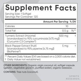 Sports Research Turmeric Curcumin C3 Complex - Softgels with Bioperine Black Pepper Extract & Organic Coconut Oil, Standardized 95% Curcuminoids - Non-GMO Verified & Gluten Free - 500mg, 120 Count Sports Research Turmeric Curcumin C3 Complex - Softgels with Bioperine Black Pepper Extract & Organic Coconut Oil, Standardized 95% Curcuminoids - Non-GMO Verified & Gluten Free - 500mg, 120 Count