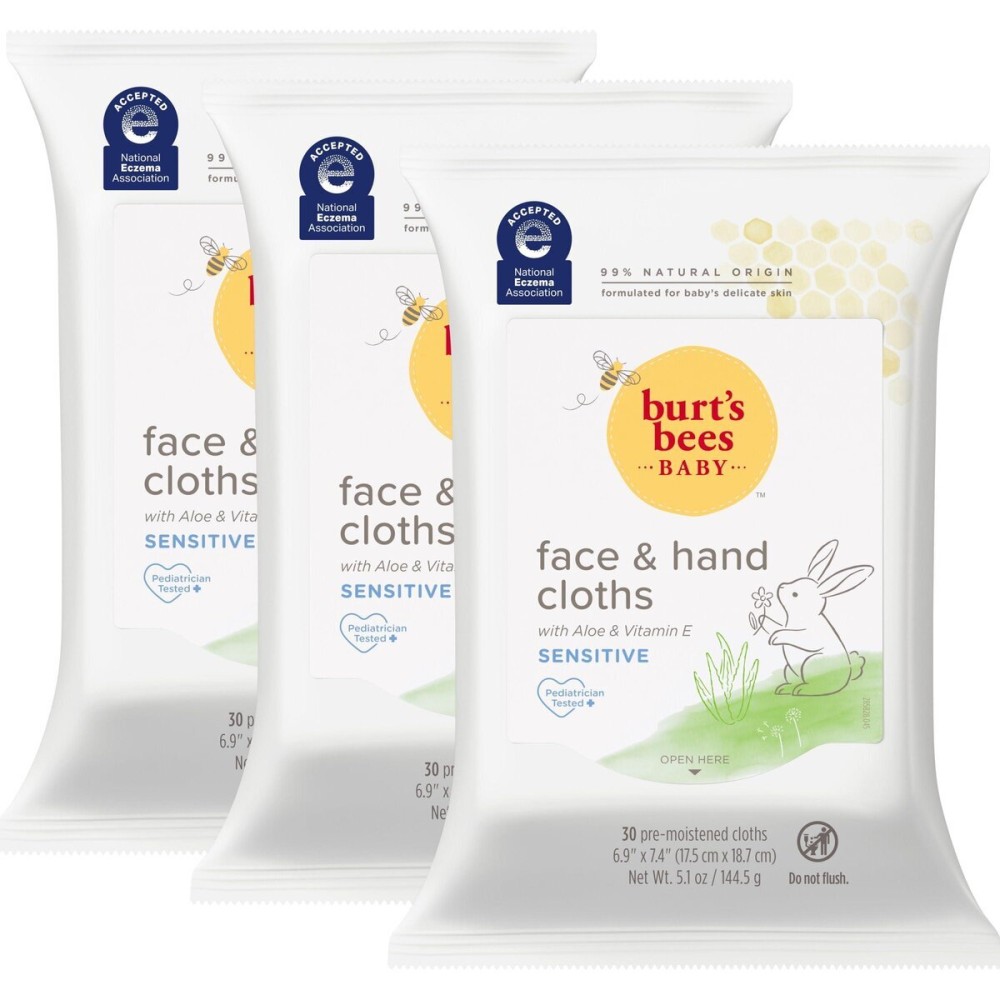 Burt\'s Bees Baby Face & Hand Cloths, Unscented Cleansing Wipes for Sensitive Skin - 30 Wipes, Pack of 3 Burt\'s Bees Baby Face & Hand Cloths, Unscented Cleansing Wipes for Sensitive Skin - 30 Wipes, Pack of 3