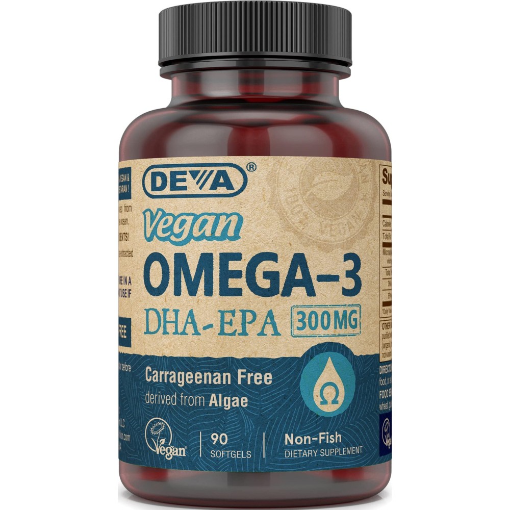 DEVA Vegan Omega-3 DHA EPA Supplement Once-Per-Day Softgel 300 MG - Carrageenan Gelatin & Gluten Free - Non-Fish Algae Oil Fatty Acids - 90 Softgels DEVA Vegan Omega-3 DHA EPA Supplement Once-Per-Day Softgel 300 MG - Carrageenan Gelatin & Gluten Free - Non-Fish Algae Oil Fatty Acids - 90 Softgels