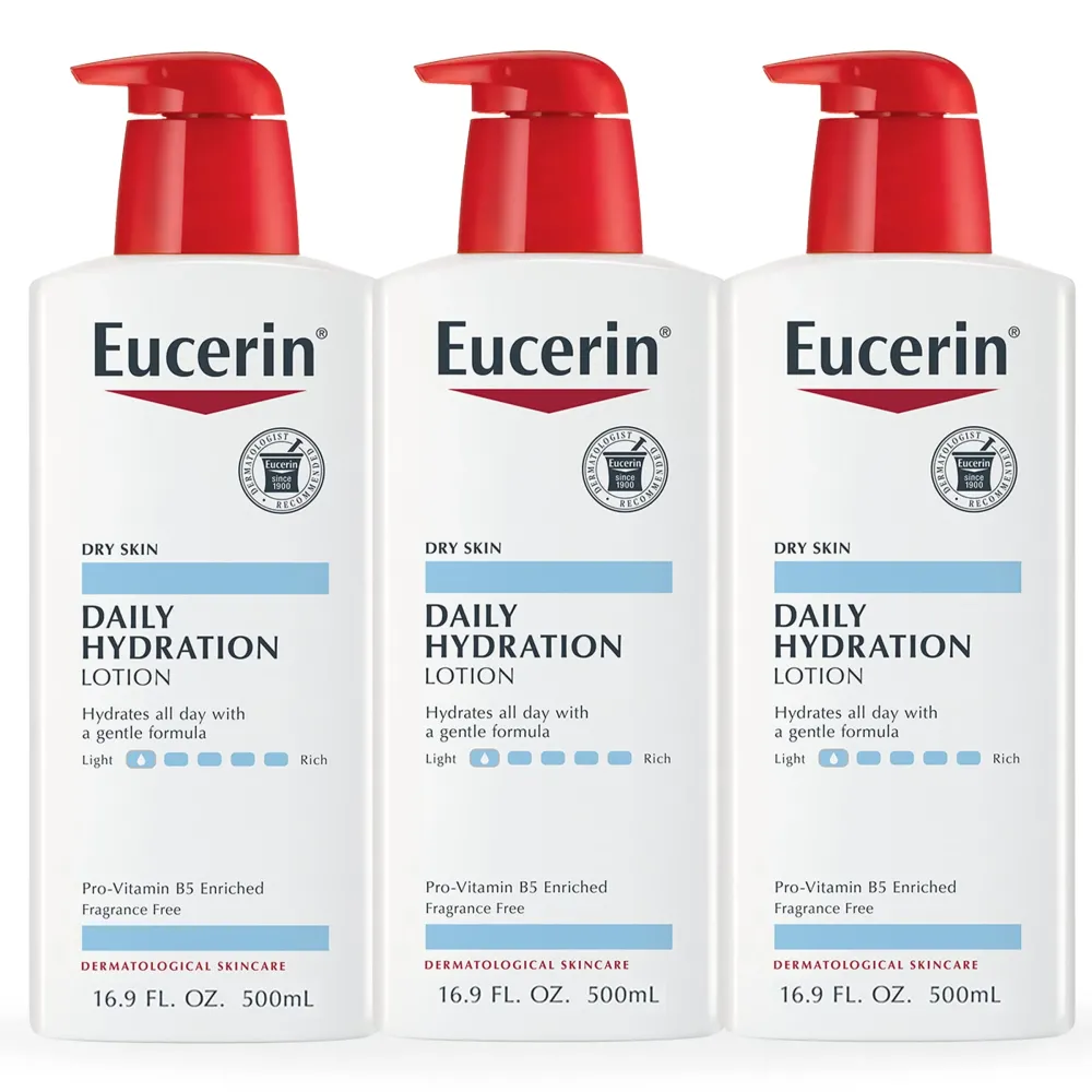 Eucerin Daily Hydration Body Lotion, Unscented Body Lotion for Sensitive Dry Skin, 16.9 Fl Oz Pump Bottles, 3 Pack Eucerin Daily Hydration Body Lotion, Unscented Body Lotion for Sensitive Dry Skin, 16.9 Fl Oz Pump Bottles, 3 Pack
