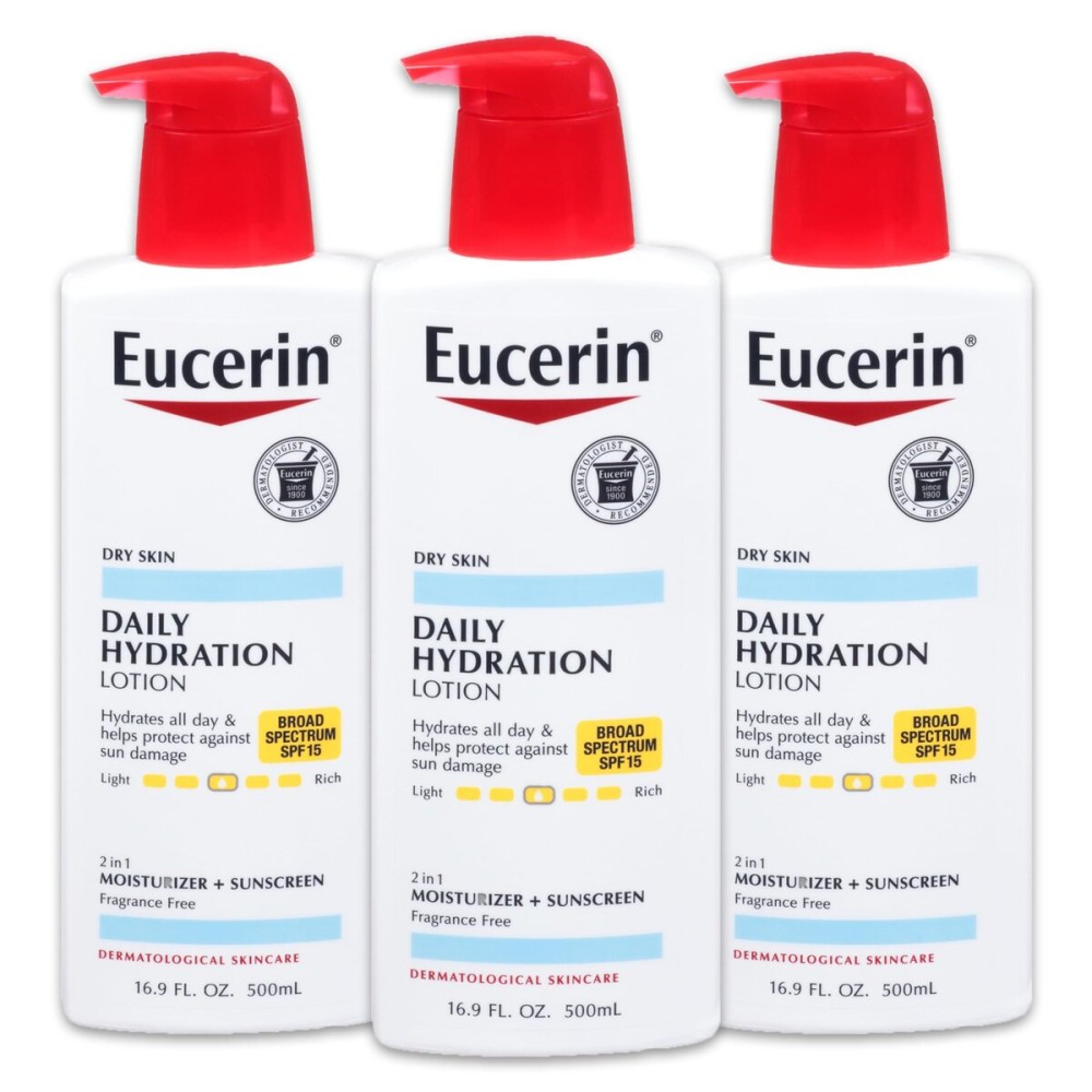 Eucerin Daily Hydration Lotion with SPF 15 - Broad Spectrum Body Lotion for Dry Skin - 16.9 fl. Oz. Pump Bottle (Pack of 3) Eucerin Daily Hydration Lotion with SPF 15 - Broad Spectrum Body Lotion for Dry Skin - 16.9 fl. Oz. Pump Bottle (Pack of 3)