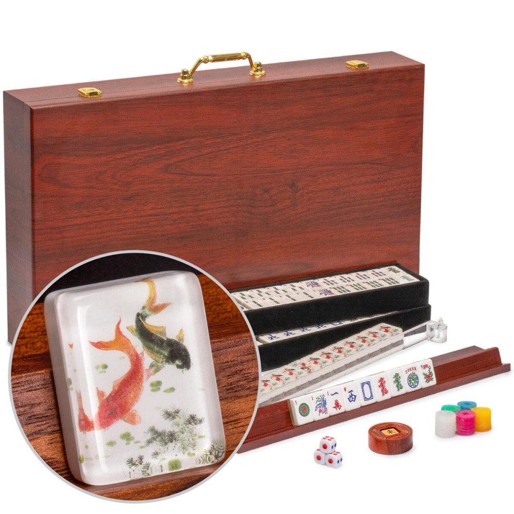 Yellow Mountain Imports American Mahjong Set, Koi Fish with Wooden Case - Four Wooden Racks, Acrylic Pushers, Wright Patterson Scoring Coins, Dice, & Wind Indicator Yellow Mountain Imports American Mahjong Set, Koi Fish with Wooden Case - Four Wooden Racks, Acrylic Pushers, Wright Patterson Scoring Coins, Dice, & Wind Indicator