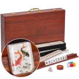 Yellow Mountain Imports American Mahjong Set, Koi Fish with Wooden Case - Four Wooden Racks, Acrylic Pushers, Wright Patterson Scoring Coins, Dice, & Wind Indicator