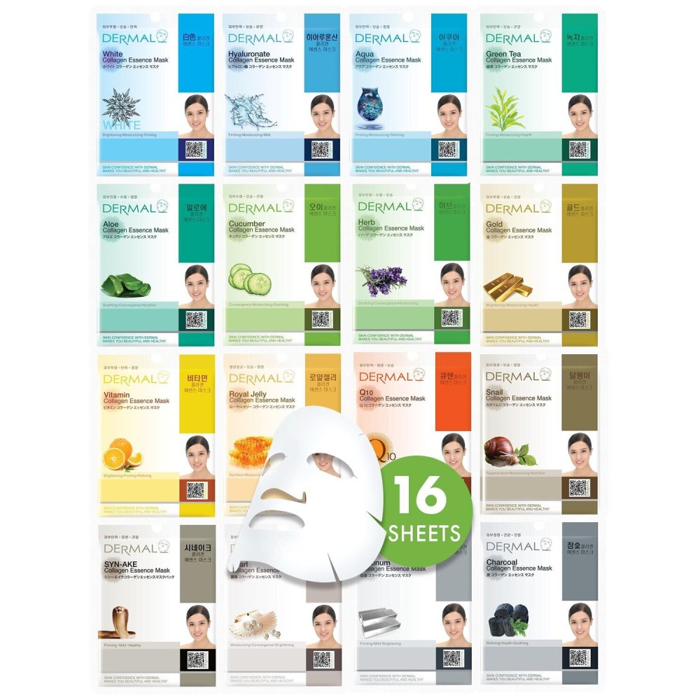 DERMAL 16 Combo Pack A Collagen Essence Korean Face Mask - Hydrating & Soothing Facial Mask with Panthenol - Hypoallergenic Self Care Sheet Mask for All Skin Types - Natural Home Spa Treatment Masks DERMAL 16 Combo Pack A Collagen Essence Korean Face Mask - Hydrating & Soothing Facial Mask with Panthenol - Hypoallergenic Self Care Sheet Mask for All Skin Types - Natural Home Spa Treatment Masks