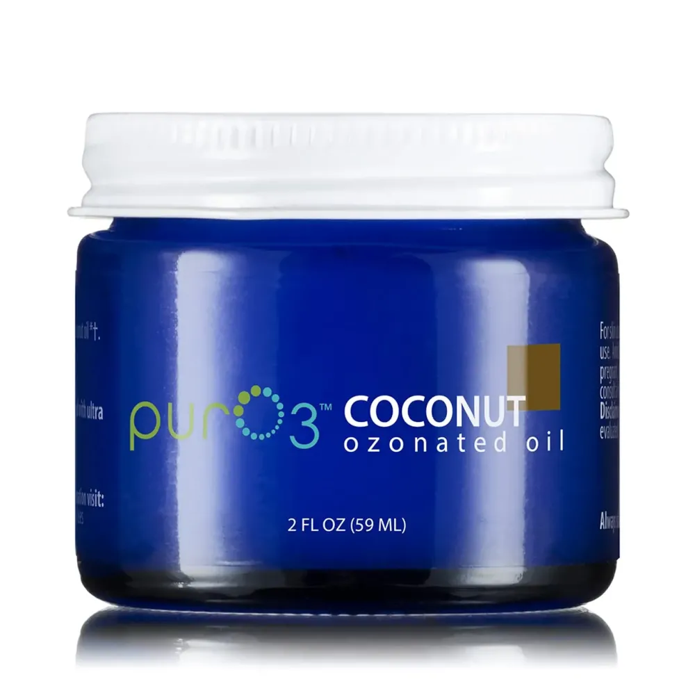 PurO3 Ozonated Coconut Oil - Pure, Natural, Organic Skincare for Face & Body - Oxygenated Healing Lotion, Moisturizer & Beauty Cream in a Glass Jar - O3 Therapy Salve, 2 oz