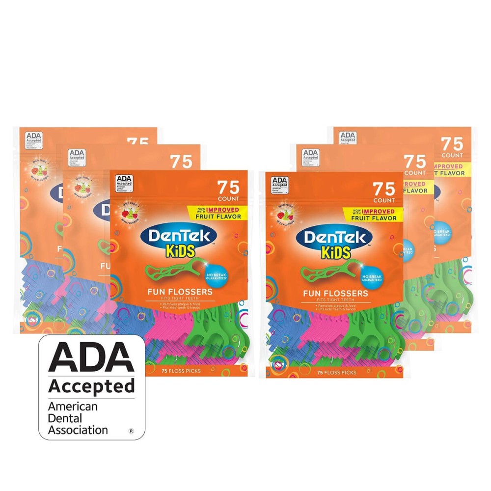 DenTek Kids Fun Flossers, Removes Food & Plaque, Wild Fruit Flavored Floss Picks, 75 Count, 6 Pack DenTek Kids Fun Flossers, Removes Food & Plaque, Wild Fruit Flavored Floss Picks, 75 Count, 6 Pack