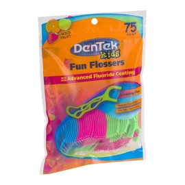 DenTek Kids Fun Flossers, Removes Food & Plaque, Wild Fruit Flavored Floss Picks, 75 Count, 6 Pack DenTek Kids Fun Flossers, Removes Food & Plaque, Wild Fruit Flavored Floss Picks, 75 Count, 6 Pack
