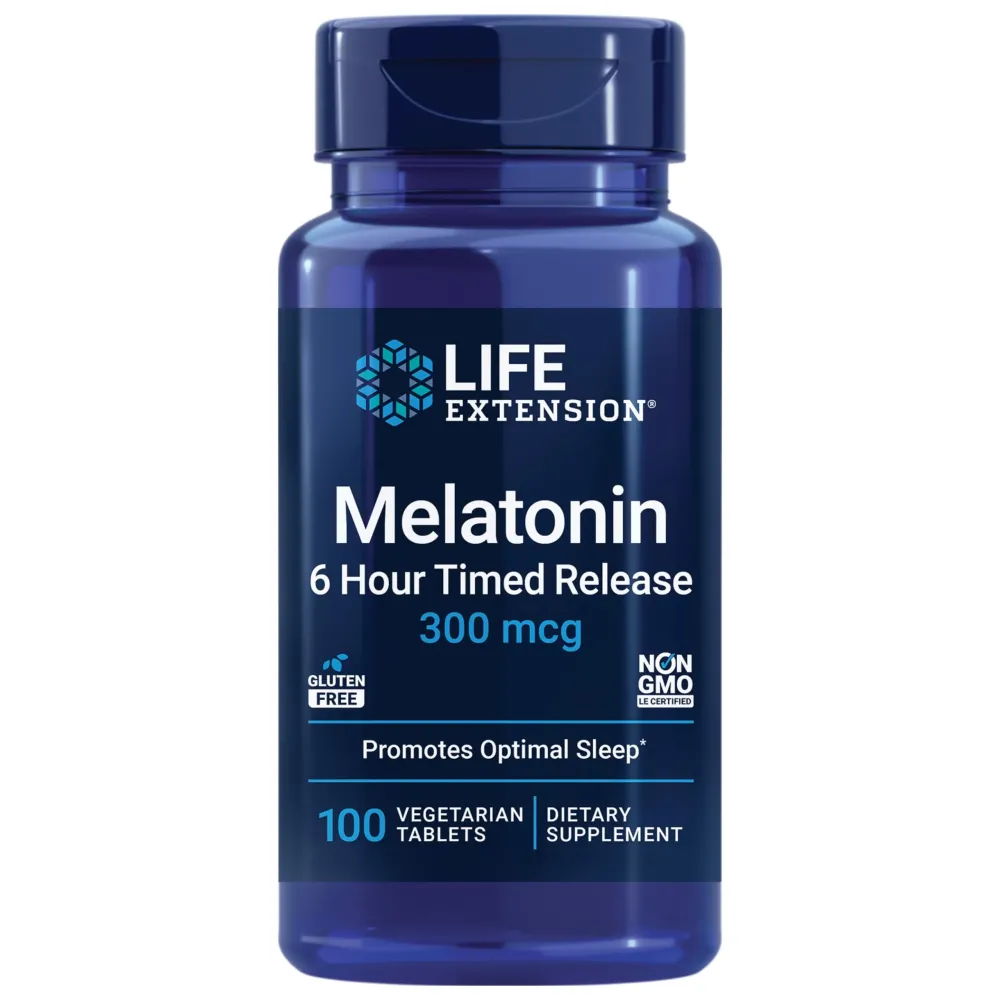 Life Extension Melatonin 6 Hour Timed Release, 300 mcg, Extended-Release Formula for Gentle Sleep Support, Healthy circadian Rhythms, Cellular Defense, Gluten-Free, Non-GMO, Vegetarian, 100 Tablets Life Extension Melatonin 6 Hour Timed Release, 300 mcg, Extended-Release Formula for Gentle Sleep Support, Healthy circadian Rhythms, Cellular Defense, Gluten-Free, Non-GMO, Vegetarian, 100 Tablets