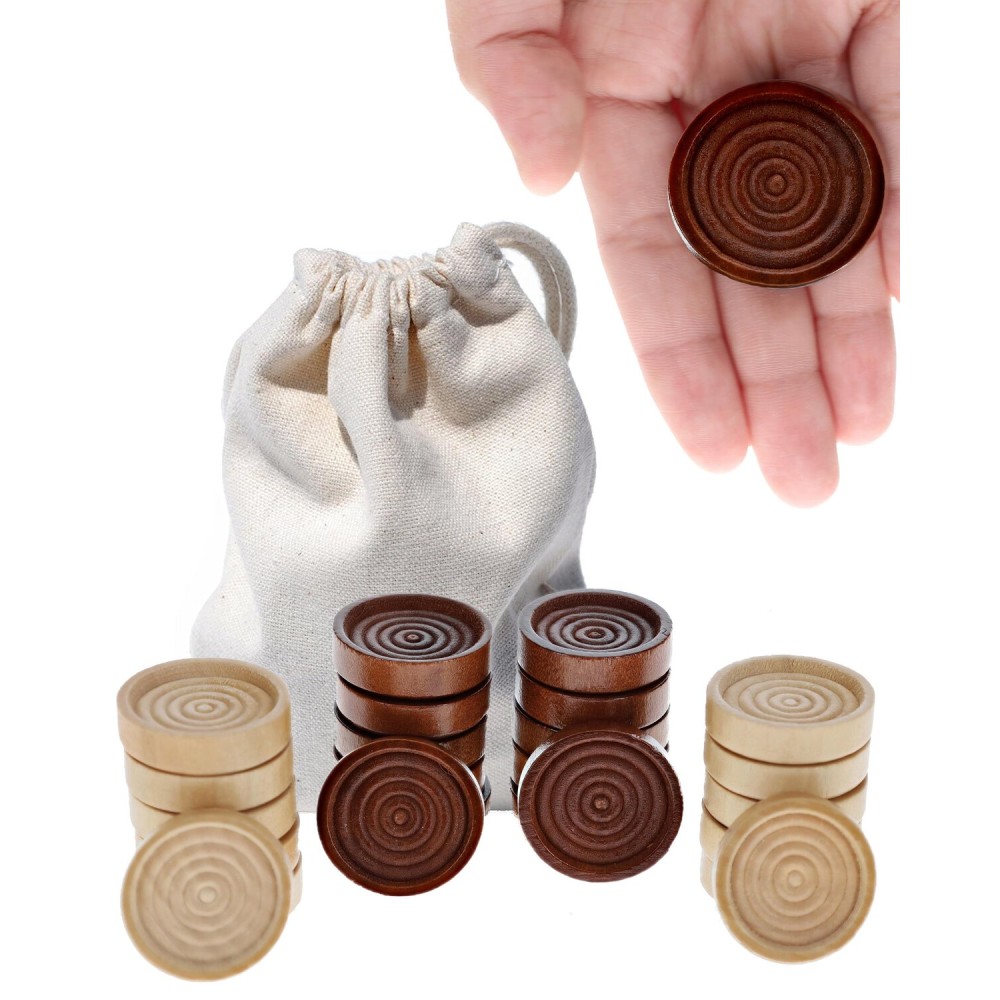 WE Games Wooden Checkers Pieces Only (1.5 inch), Checker Board Game & Backgammon Pieces, 24 Brown and Natural Stained Stackable Ridges with a Drawstring Storage Bag, Replacement Game Piece