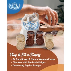WE Games Wooden Checkers Pieces Only (1.5 inch), Checker Board Game & Backgammon Pieces, 24 Brown and Natural Stained Stackable Ridges with a Drawstring Storage Bag, Replacement Game Piece