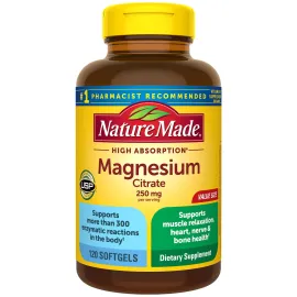 Nature Made Magnesium Citrate 250 mg per serving, Magnesium Supplement for Muscle, Nerve, Bone and Heart Support, 120 Softgels, 60 Day Supply