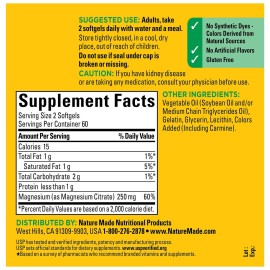 Nature Made Magnesium Citrate 250 mg per serving, Magnesium Supplement for Muscle, Nerve, Bone and Heart Support, 120 Softgels, 60 Day Supply Nature Made Magnesium Citrate 250 mg per serving, Magnesium Supplement for Muscle, Nerve, Bone and Heart Support, 120 Softgels, 60 Day Supply
