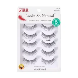 KISS Looks So Natural False Eyelashes Multipack 03, Lightweight & Comfortable, Delicate Volume, Natural-Looking, Tapered End Technology, Reusable, Cruelty-Free, Contact Lens Friendly, 5 Pairs