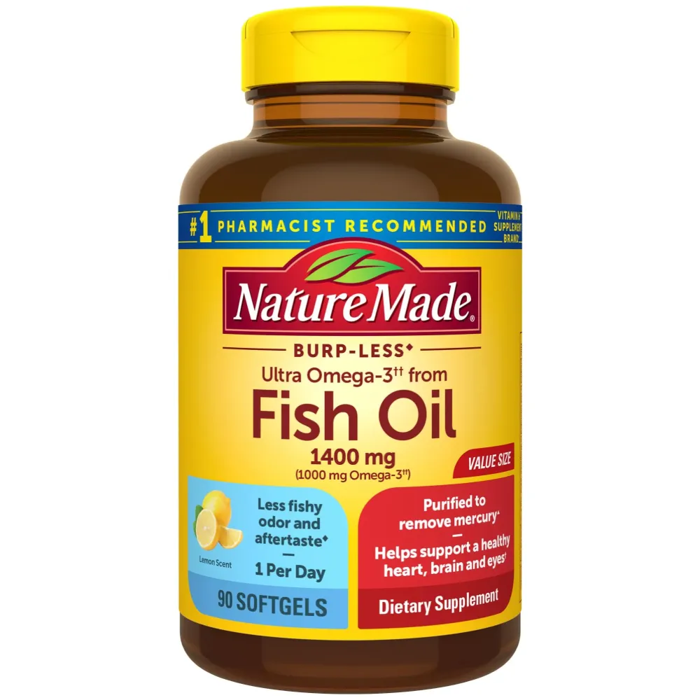 Nature Made Burp Less Ultra Omega 3 Fish Oil Supplements, 1400mg Fish Oil Omega 3 Supplements as Ethyl Esters for Healthy Heart Brain Eyes Support, One Per Day, 90 Softgels