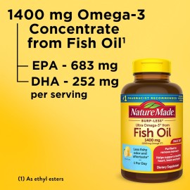 Nature Made Burp Less Ultra Omega 3 Fish Oil Supplements, 1400mg Fish Oil Omega 3 Supplements as Ethyl Esters for Healthy Heart Brain Eyes Support, One Per Day, 90 Softgels