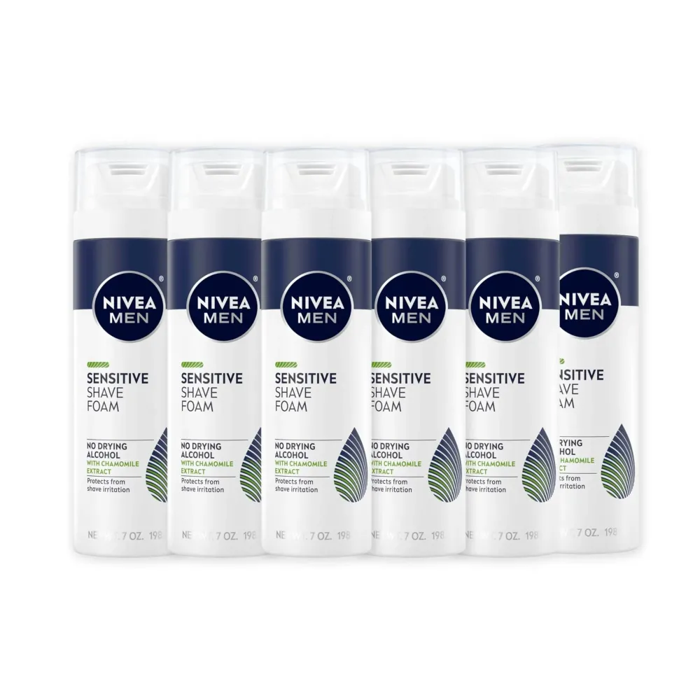 NIVEA MEN Sensitive Shave Foam with Vitamin E, Soothing Chamomile and Witch Hazel Extracts, 6 Pack of 7 Oz Cans NIVEA MEN Sensitive Shave Foam with Vitamin E, Soothing Chamomile and Witch Hazel Extracts, 6 Pack of 7 Oz Cans