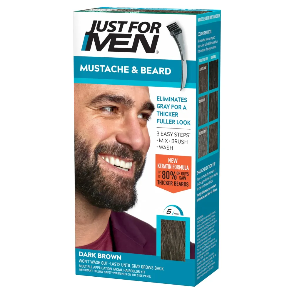 Just For Men Mustache & Beard, Beard Dye for Men with Brush Included, With Keratin Biotin Aloe and Coconut Oil for Healthy Facial Hair - Dark Brown, M-45, Pack of 1 (Packaging May Vary) Just For Men Mustache & Beard, Beard Dye for Men with Brush Included, With Keratin Biotin Aloe and Coconut Oil for Healthy Facial Hair - Dark Brown, M-45, Pack of 1 (Packaging May Vary)