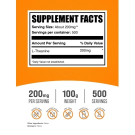 BulkSupplements.com L-Theanine Powder - L-Theanine Supplement, L-Theanine 200mg - Amino Amino Supplement, Pure & Gluten Free, 200mg per Serving, 100g (3.5 oz) (Pack of 1) BulkSupplements.com L-Theanine Powder - L-Theanine Supplement, L-Theanine 200mg - Amino Amino Supplement, Pure & Gluten Free, 200mg per Serving, 100g (3.5 oz) (Pack of 1)
