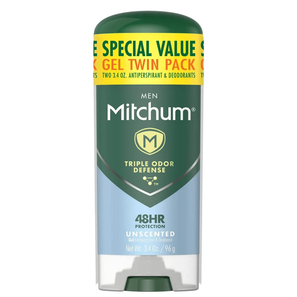 Mitchum Men\'s Deodorant, Antiperspirant, Triple Odor Defense Gel Stick, 48 Hr Protection, Dermatologist Tested, Alcohol Free, Unscented, 3.4 Oz (Pack of 2) Mitchum Men\'s Deodorant, Antiperspirant, Triple Odor Defense Gel Stick, 48 Hr Protection, Dermatologist Tested, Alcohol Free, Unscented, 3.4 Oz (Pack of 2)