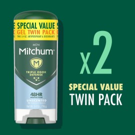 Mitchum Men\'s Deodorant, Antiperspirant, Triple Odor Defense Gel Stick, 48 Hr Protection, Dermatologist Tested, Alcohol Free, Unscented, 3.4 Oz (Pack of 2) Mitchum Men\'s Deodorant, Antiperspirant, Triple Odor Defense Gel Stick, 48 Hr Protection, Dermatologist Tested, Alcohol Free, Unscented, 3.4 Oz (Pack of 2)