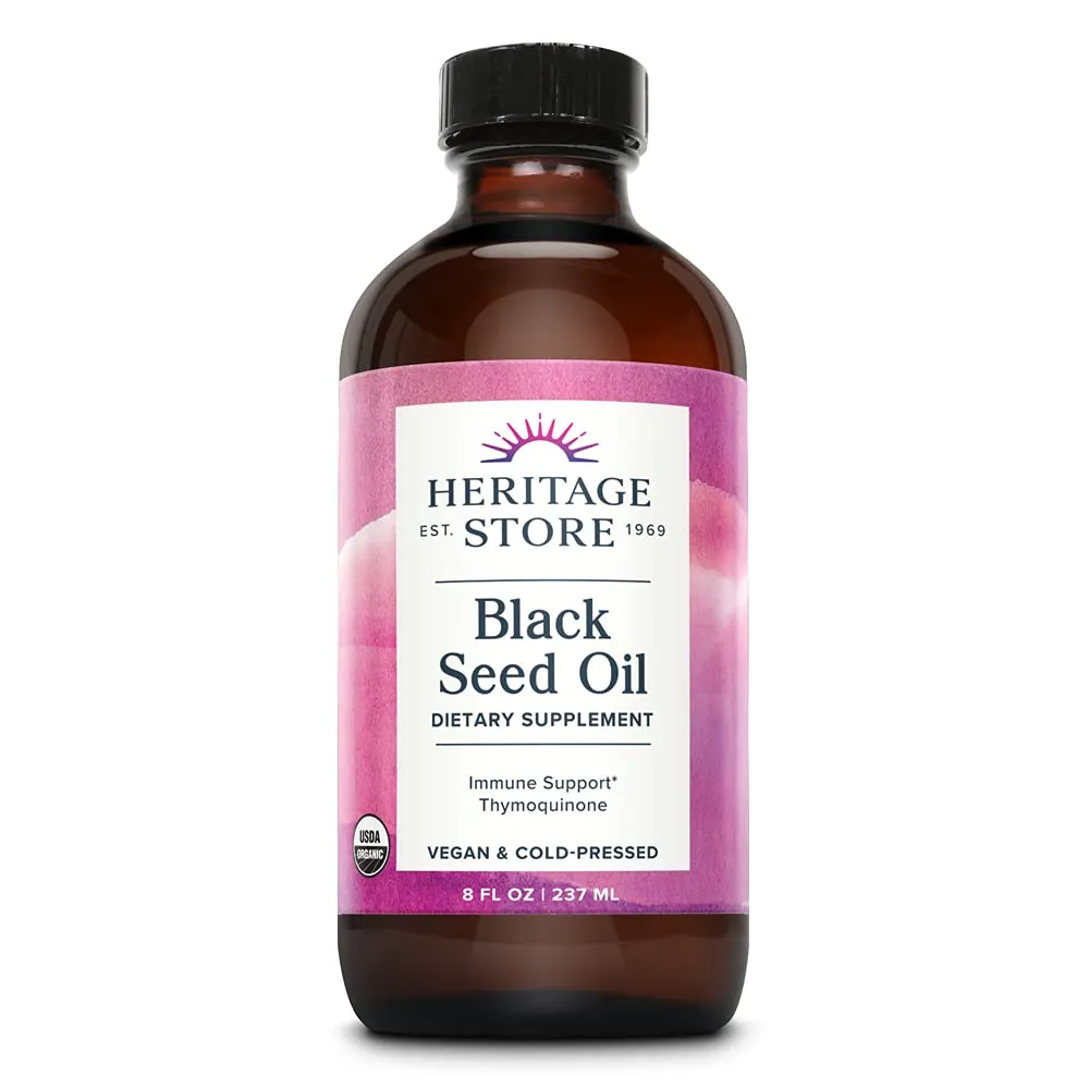 HERITAGE STORE Black Seed Oil, Organic, Cold Pressed Nigella Sativa Supplement with Thymoquinone, Omega 3 6 9, Antioxidant, Immunity, Cholesterol, Digestive, Heart & Join Health Support*, Vegan, 8oz HERITAGE STORE Black Seed Oil, Organic, Cold Pressed Nigella Sativa Supplement with Thymoquinone, Omega 3 6 9, Antioxidant, Immunity, Cholesterol, Digestive, Heart & Join Health Support*, Vegan, 8oz