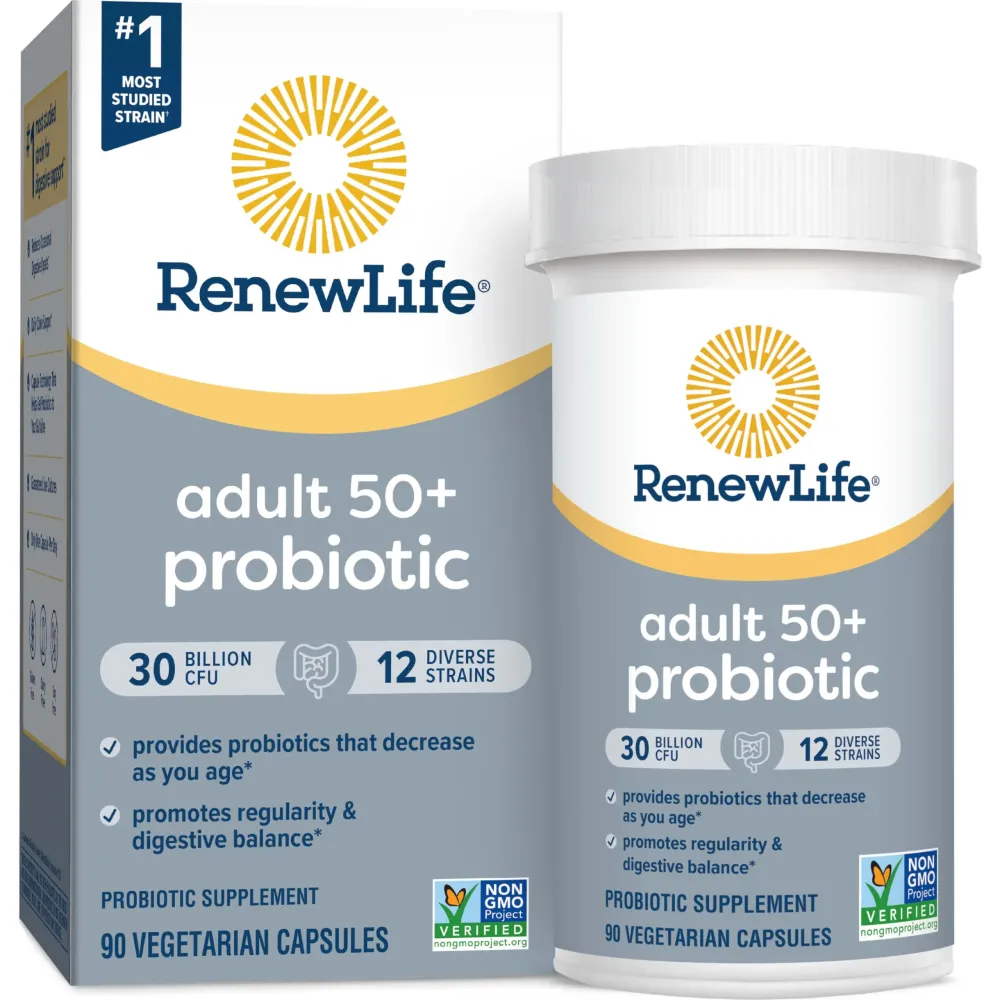 Renew Life Probiotic Adult 50 Plus Probiotic Capsules, Daily Supplement Supports Urinary, Digestive and Immune Health, L. Rhamnosus GG, Dairy, Soy and gluten-free, 30 Billion CFU, 90 Count Renew Life Probiotic Adult 50 Plus Probiotic Capsules, Daily Supplement Supports Urinary, Digestive and Immune Health, L. Rhamnosus GG, Dairy, Soy and gluten-free, 30 Billion CFU, 90 Count