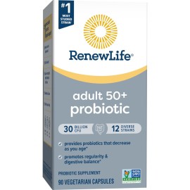 Renew Life Probiotic Adult 50 Plus Probiotic Capsules, Daily Supplement Supports Urinary, Digestive and Immune Health, L. Rhamnosus GG, Dairy, Soy and gluten-free, 30 Billion CFU, 90 Count Renew Life Probiotic Adult 50 Plus Probiotic Capsules, Daily Supplement Supports Urinary, Digestive and Immune Health, L. Rhamnosus GG, Dairy, Soy and gluten-free, 30 Billion CFU, 90 Count
