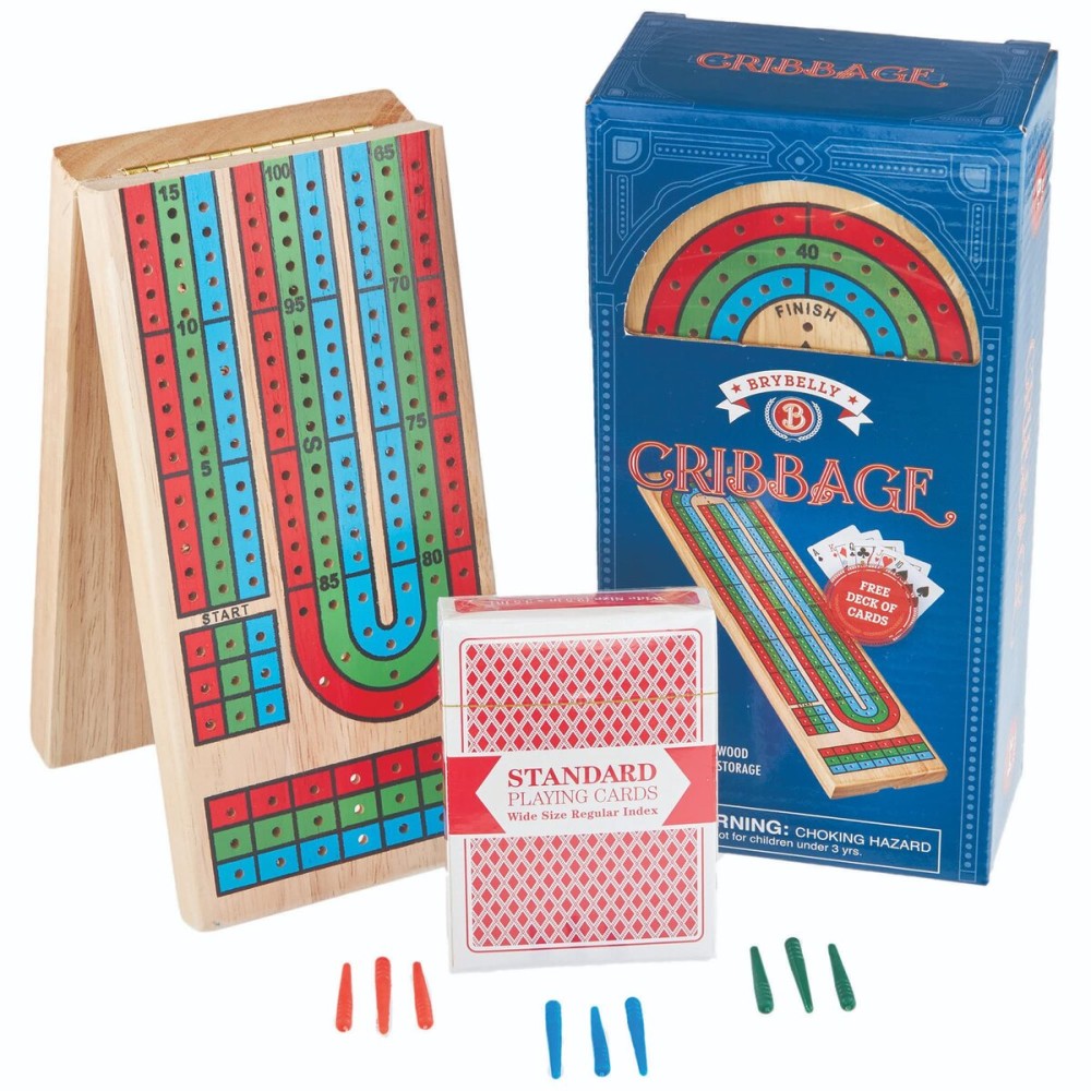 Brybelly Cribbage Board Game Set - Traditional Wooden Board Game, Classic 3-Track Layout, Plastic Pegs - Standard Deck of Playing Cards Included - Folding Portable Storage Brybelly Cribbage Board Game Set - Traditional Wooden Board Game, Classic 3-Track Layout, Plastic Pegs - Standard Deck of Playing Cards Included - Folding Portable Storage