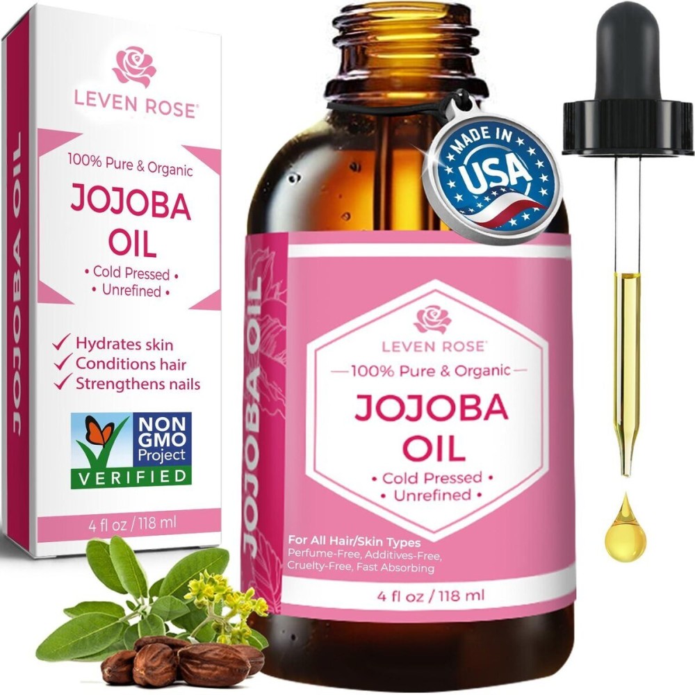 Leven Rose Jojoba Oil Organic, Pure Cold Pressed Natural Unrefined Moisturizer for Skin Hair and Nails 4 oz Leven Rose Jojoba Oil Organic, Pure Cold Pressed Natural Unrefined Moisturizer for Skin Hair and Nails 4 oz