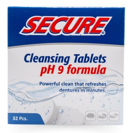 Secure Daily Cleansing Tablets - pH 9 Formula Thoroughly Cleans Dentures - FSA & HSA Approved - Fights Odors, Stains & Germs - For Dentures, Nightguards, Retainers & Partials - 32 Tablets (1 Pack)