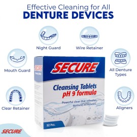 Secure Daily Cleansing Tablets - pH 9 Formula Thoroughly Cleans Dentures - FSA & HSA Approved - Fights Odors, Stains & Germs - For Dentures, Nightguards, Retainers & Partials - 32 Tablets (1 Pack) Secure Daily Cleansing Tablets - pH 9 Formula Thoroughly Cleans Dentures - FSA & HSA Approved - Fights Odors, Stains & Germs - For Dentures, Nightguards, Retainers & Partials - 32 Tablets (1 Pack)