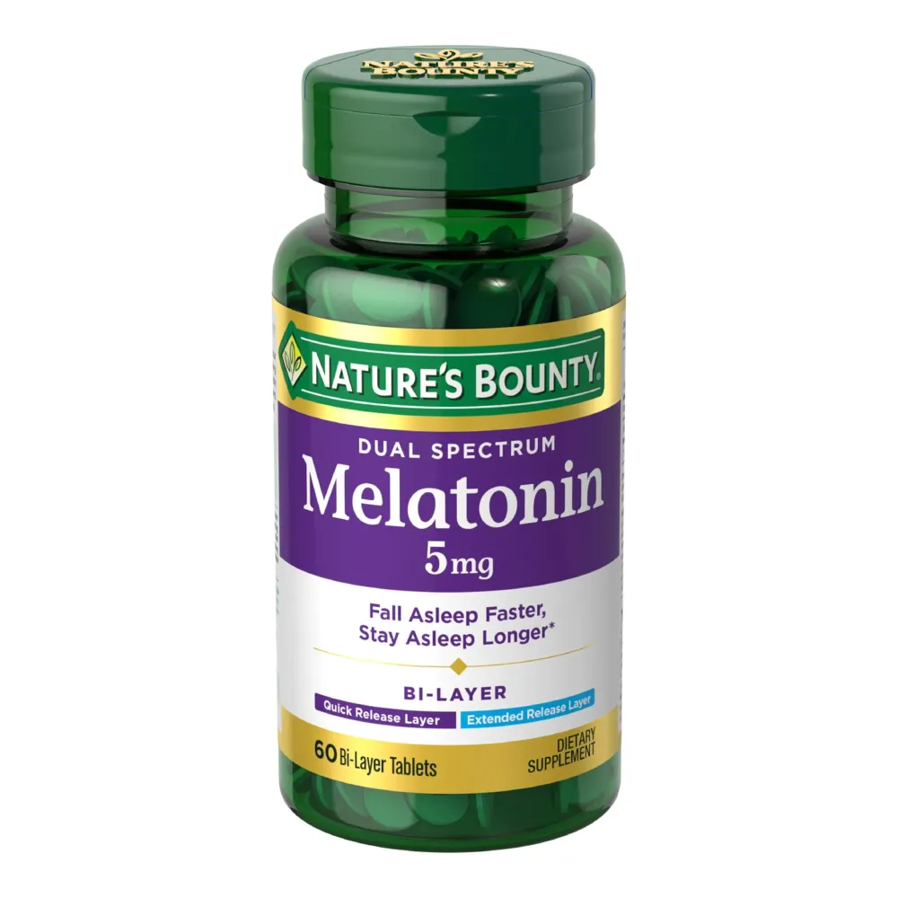 Nature\'s Bounty Melatonin 5mg Dual Spectrum, 100% Drug Free Sleep Supplement, Quick Release and Extended Release, Promotes Relaxation and Sleep Health, 60 Bi-Layer Tablets Nature\'s Bounty Melatonin 5mg Dual Spectrum, 100% Drug Free Sleep Supplement, Quick Release and Extended Release, Promotes Relaxation and Sleep Health, 60 Bi-Layer Tablets