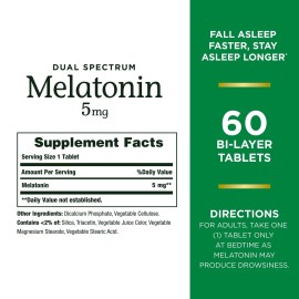 Nature\'s Bounty Melatonin 5mg Dual Spectrum, 100% Drug Free Sleep Supplement, Quick Release and Extended Release, Promotes Relaxation and Sleep Health, 60 Bi-Layer Tablets Nature\'s Bounty Melatonin 5mg Dual Spectrum, 100% Drug Free Sleep Supplement, Quick Release and Extended Release, Promotes Relaxation and Sleep Health, 60 Bi-Layer Tablets