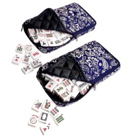 Linda Li New! - American Mahjong Set 166 Premium White Tiles, 4 All-in-One Rack/Pushers, Blue Paisley Soft Bag - Classic Full Size Complete Mahjongg Set