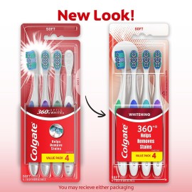 Colgate 360 Optic White Whitening Toothbrush, Adult Soft Toothbrush with Whitening Cups, Helps Whiten Teeth and Removes Odor Causing Bacteria, 4 Pack