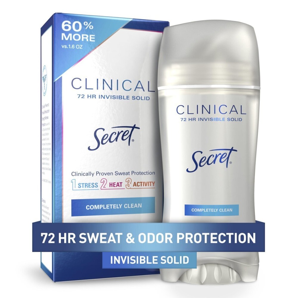 Secret Clinical Strength Antiperspirant Deodorant for Women, 3X Stress Protection, 72hr Sweat & Odor Protection, PH Balancing Minerals, Invisible Solid, Completely Clean Scent, 2.6 oz Secret Clinical Strength Antiperspirant Deodorant for Women, 3X Stress Protection, 72hr Sweat & Odor Protection, PH Balancing Minerals, Invisible Solid, Completely Clean Scent, 2.6 oz