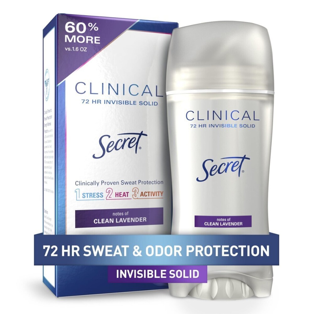 Secret Clinical Strength Antiperspirant Deodorant for Women, 3X Stress Protection, 72hr Sweat & Odor Protection, PH Balancing Minerals, Invisible Solid, Clean Lavender Scent, 2.6 oz Secret Clinical Strength Antiperspirant Deodorant for Women, 3X Stress Protection, 72hr Sweat & Odor Protection, PH Balancing Minerals, Invisible Solid, Clean Lavender Scent, 2.6 oz