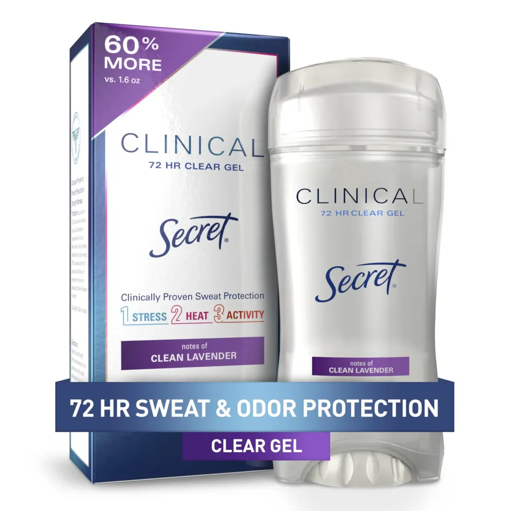 Secret Clinical Strength Antiperspirant Deodorant for Women, 3X Stress Protection, 72hr Sweat & Odor Protection, PH Balancing Minerals, Clear Gel, Clean Lavender Scent, 2.6 oz Secret Clinical Strength Antiperspirant Deodorant for Women, 3X Stress Protection, 72hr Sweat & Odor Protection, PH Balancing Minerals, Clear Gel, Clean Lavender Scent, 2.6 oz