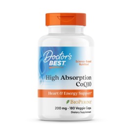 Doctor\'s Best High Absorption CoQ10, Heart & Energy Support, USP Verified, Naturally Fermented CoQ10, Non-GMO Gluten Free, Soy Free, Vegan 180 Veggie Caps